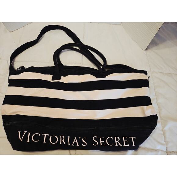 Victoria's Secret Expandable Weekender Tote Bag Pink/Black Stripe Shoulder Strap - Picture 1 of 7